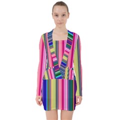 Pastel Colors Striped Pattern V-neck Bodycon Long Sleeve Dress by Bangk1t