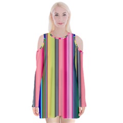 Pastel Colors Striped Pattern Velvet Long Sleeve Shoulder Cutout Dress by Bangk1t