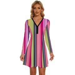 Pastel Colors Striped Pattern Long Sleeve Deep V Mini Dress  by Bangk1t