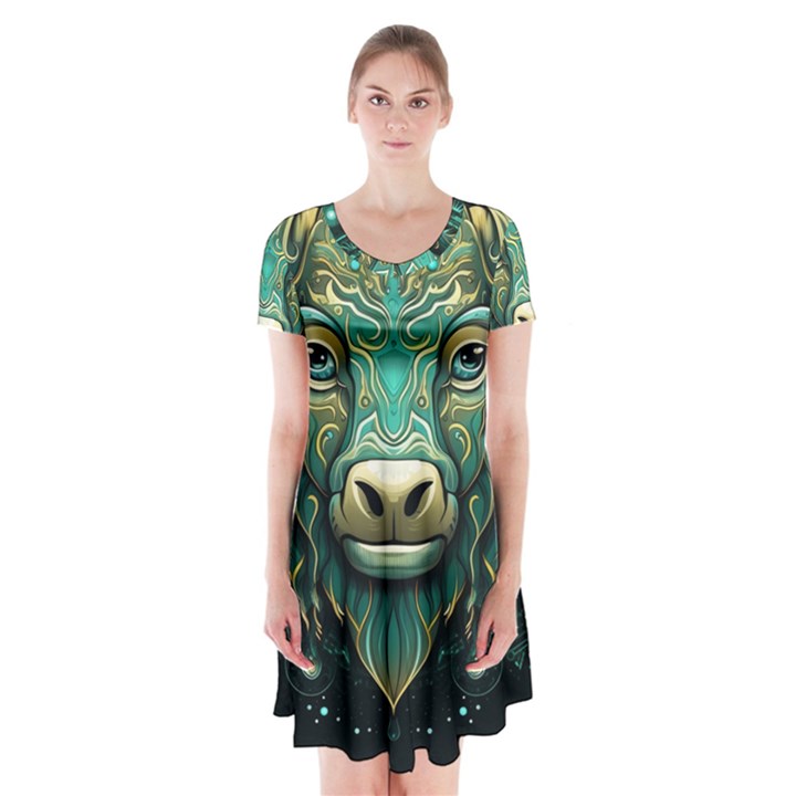 Bull Star Sign Short Sleeve V-neck Flare Dress