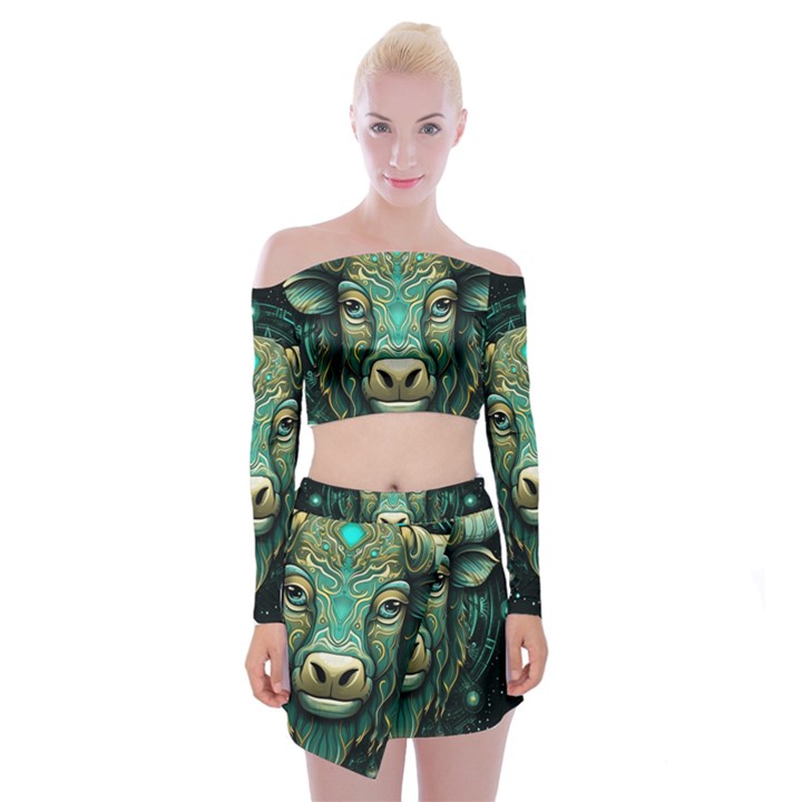 Bull Star Sign Off Shoulder Top with Mini Skirt Set