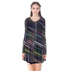 False Prismatic Black Background Long Sleeve V-neck Flare Dress by Bangk1t