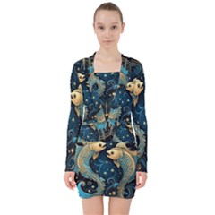 Fish Star Sign V-neck Bodycon Long Sleeve Dress by Bangk1t