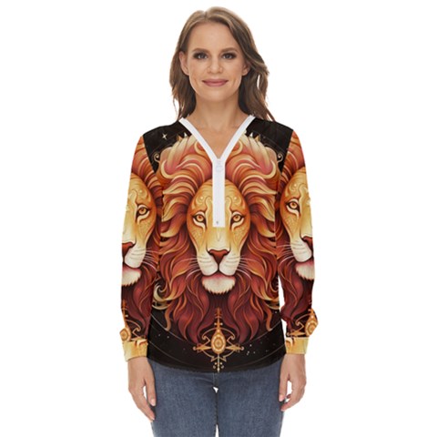 Lion Star Sign Astrology Horoscope Zip Up Long Sleeve Blouse by Bangk1t