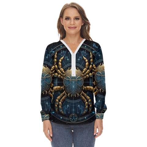 Cancer Star Sign Astrology Zip Up Long Sleeve Blouse by Bangk1t