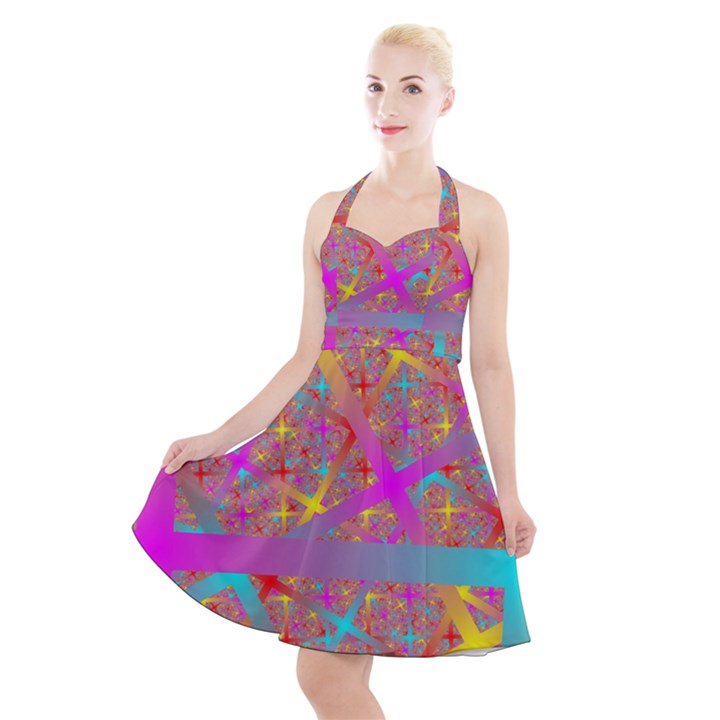 Geometric Abstract Colorful Halter Party Swing Dress 