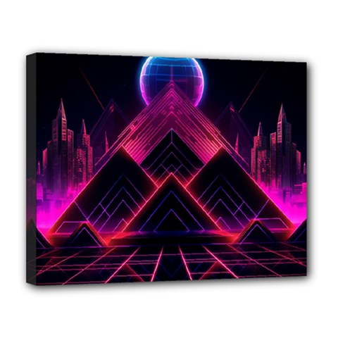 Synthwave City Retrowave Wave Canvas 14  X 11  (stretched) by Bangk1t