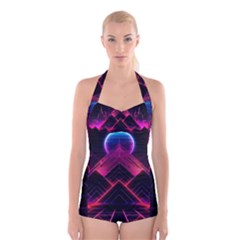 Synthwave City Retrowave Wave Boyleg Halter Swimsuit  by Bangk1t