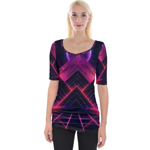 Synthwave City Retrowave Wave Wide Neckline Tee by Bangk1t