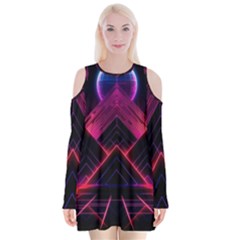 Synthwave City Retrowave Wave Velvet Long Sleeve Shoulder Cutout Dress by Bangk1t