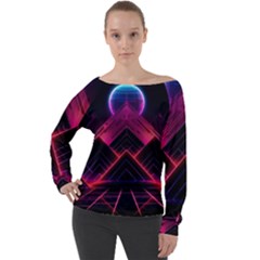 Synthwave City Retrowave Wave Off Shoulder Long Sleeve Velour Top by Bangk1t