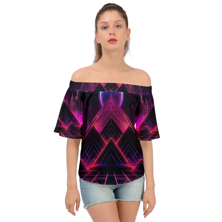 Synthwave City Retrowave Wave Off Shoulder Short Sleeve Top