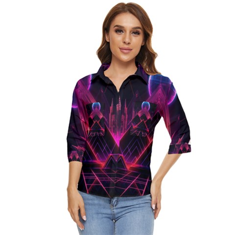 Synthwave City Retrowave Wave Women s Quarter Sleeve Pocket Shirt by Bangk1t