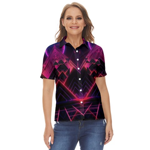 Synthwave City Retrowave Wave Women s Short Sleeve Double Pocket Shirt by Bangk1t