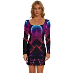 Synthwave City Retrowave Wave Long Sleeve Square Neck Bodycon Velvet Dress by Bangk1t