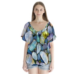 Stones Gems Multi Colored Rocks V-neck Flutter Sleeve Top by Bangk1t