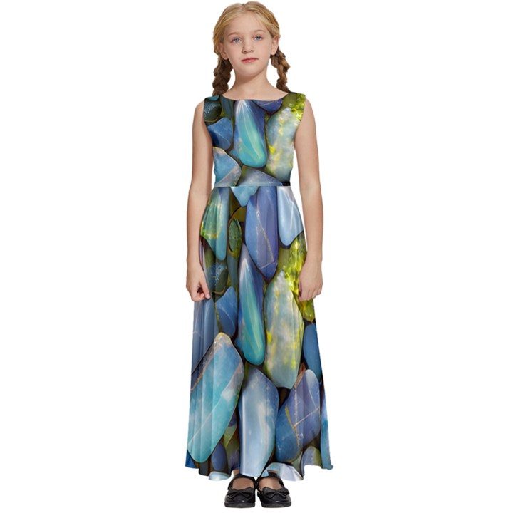 Stones Gems Multi Colored Rocks Kids  Satin Sleeveless Maxi Dress