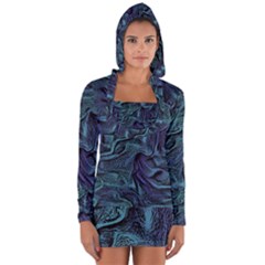 Abstract Blue Wave Texture Patten Long Sleeve Hooded T-shirt by Bangk1t