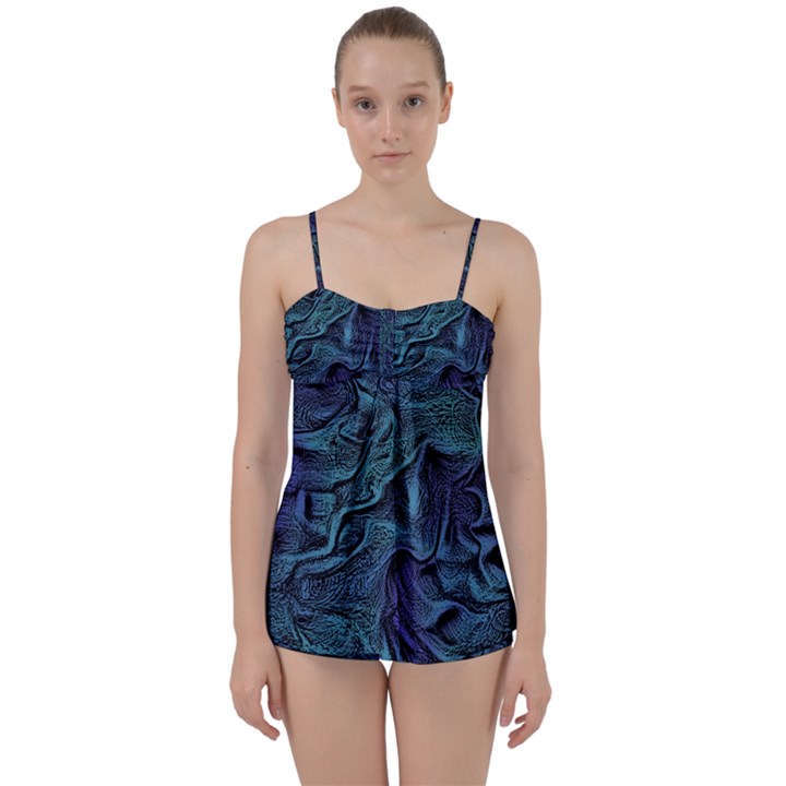 Abstract Blue Wave Texture Patten Babydoll Tankini Set