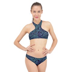 Abstract Blue Wave Texture Patten High Neck Bikini Set by Bangk1t