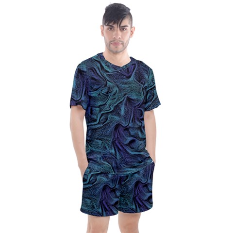 Abstract Blue Wave Texture Patten Men s Mesh Tee And Shorts Set by Bangk1t