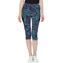 Abstract Blue Wave Texture Patten Inside Out Lightweight Velour Capri Leggings 