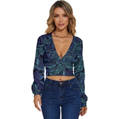 Abstract Blue Wave Texture Patten Long Sleeve Deep-v Velour Top by Bangk1t