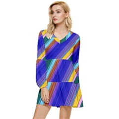 Color Lines Slanting Green Blue Tiered Long Sleeve Mini Dress by Bangk1t