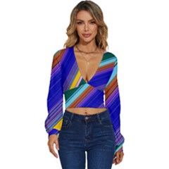 Color Lines Slanting Green Blue Long Sleeve Deep-v Velour Top by Bangk1t