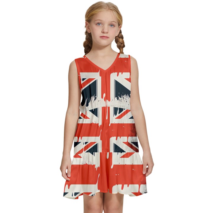 Union Jack England Uk United Kingdom London Kids  Sleeveless Tiered Mini Dress