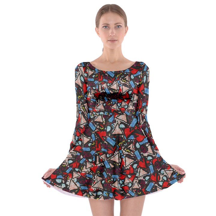 Harmonious Chaos Vibrant Abstract Design Long Sleeve Skater Dress