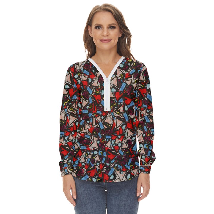 Harmonious Chaos Vibrant Abstract Design Zip Up Long Sleeve Blouse