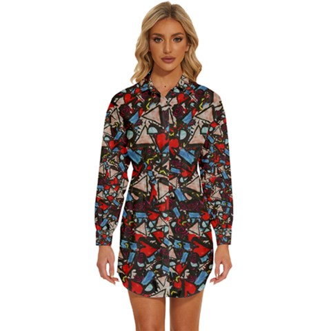 Harmonious Chaos Vibrant Abstract Design Womens Long Sleeve Shirt Dress by dflcprintsclothing