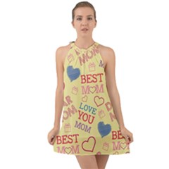 Love Mom Happy Mothers Day I Love Mom Graphic Pattern Halter Tie Back Chiffon Dress by Ravend