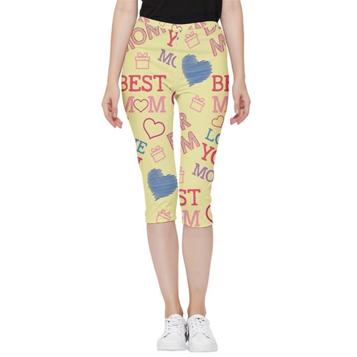 Love Mom Happy Mothers Day I Love Mom Graphic Pattern Inside Out Lightweight Velour Capri Leggings 