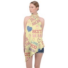 Love Mom Happy Mothers Day I Love Mom Graphic Pattern Halter Asymmetric Satin Top by Ravend