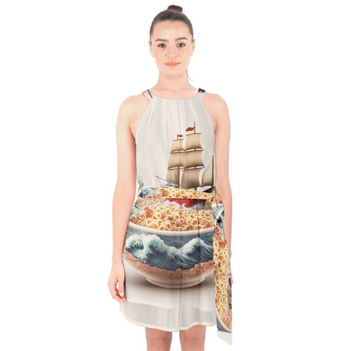 Noodles Pirate Chinese Food Food Halter Collar Waist Tie Chiffon Dress