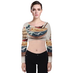 Noodles Pirate Chinese Food Food Velvet Long Sleeve Crop Top by Ndabl3x