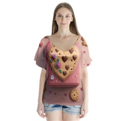 Cookies Valentine Heart Holiday Gift Love V-neck Flutter Sleeve Top by Ndabl3x