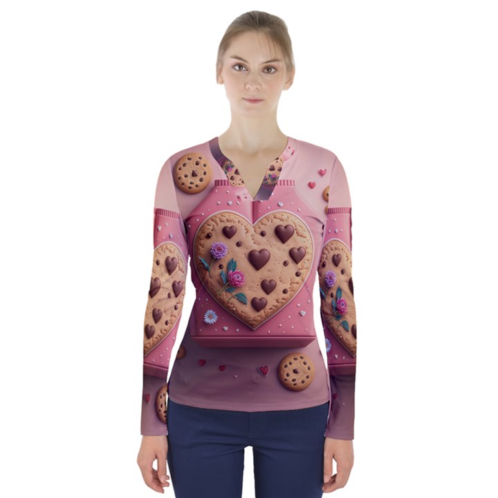 Cookies Valentine Heart Holiday Gift Love V-Neck Long Sleeve Top