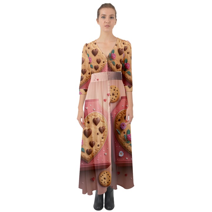 Cookies Valentine Heart Holiday Gift Love Button Up Boho Maxi Dress