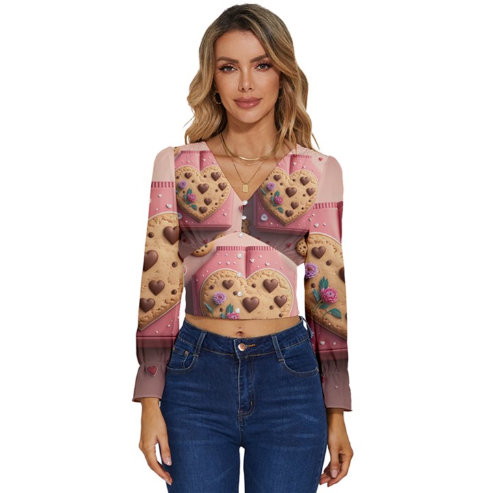 Cookies Valentine Heart Holiday Gift Love Long Sleeve V-Neck Top