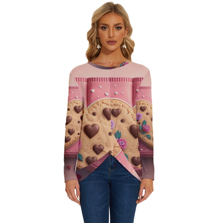 Cookies Valentine Heart Holiday Gift Love Long Sleeve Crew Neck Pullover Top