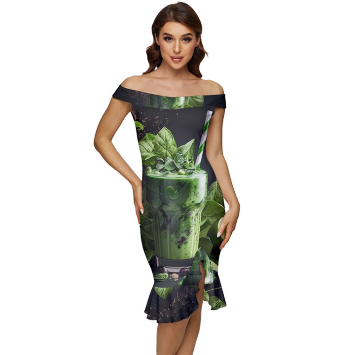 Drink Spinach Smooth Apple Ginger Off Shoulder Ruffle Split Hem Bodycon Dress