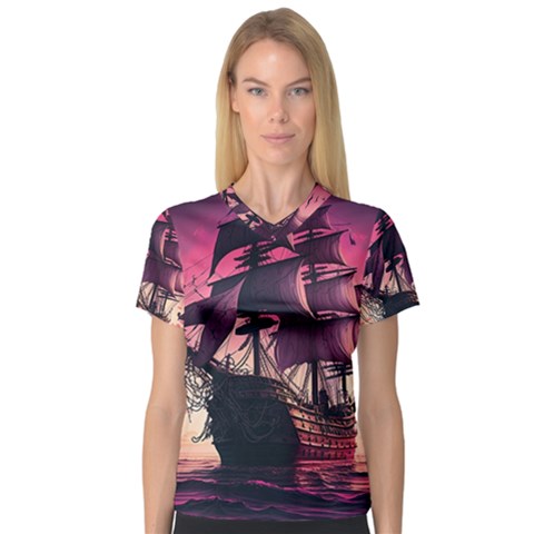 Ship Pirate Adventure Landscape Ocean Sun Heaven V-neck Sport Mesh Tee by Ndabl3x