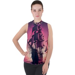 Ship Pirate Adventure Landscape Ocean Sun Heaven Mock Neck Chiffon Sleeveless Top