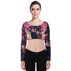 Ship Pirate Adventure Landscape Ocean Sun Heaven Velvet Long Sleeve Crop Top by Ndabl3x