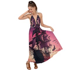 Ship Pirate Adventure Landscape Ocean Sun Heaven Backless Maxi Beach Dress by Ndabl3x