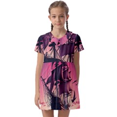 Ship Pirate Adventure Landscape Ocean Sun Heaven Kids  Asymmetric Collar Dress by Ndabl3x