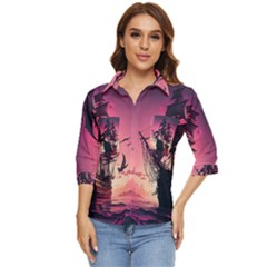 Ship Pirate Adventure Landscape Ocean Sun Heaven Women s Quarter Sleeve Pocket Shirt